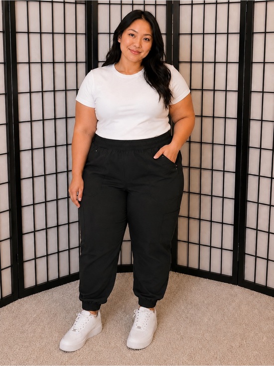 Cherokee Uniforms Pants - Petite 2X Black Jogger Scrub‎ Pants Stretch Cargo Athletic Comfort 18W-20W